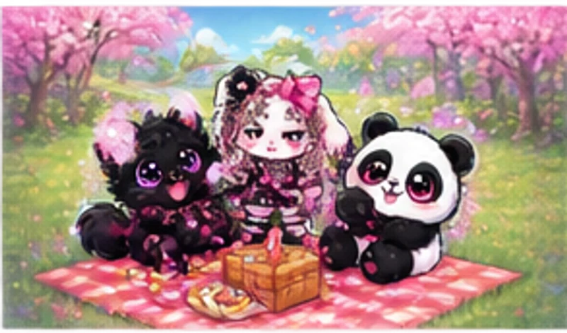 Katz, the bunny and Panda on a picnic blanket